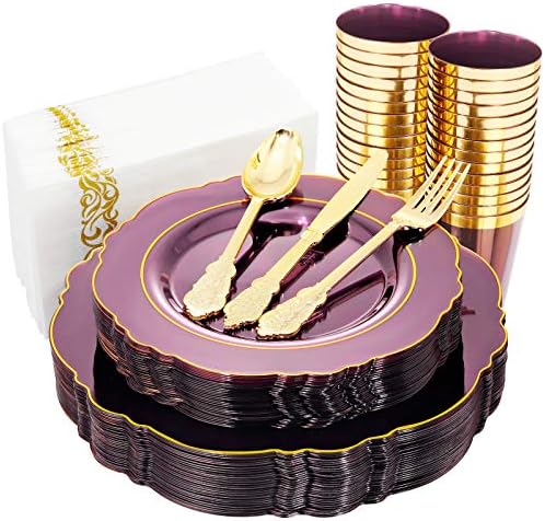 KIRE 210Pcs Purple Plastic Plates with Gold Rim& Silverware &Cups&Hand Napkin - Baroque Clear Plastic Dinnerware for Upscale Wedding/Parties Plates