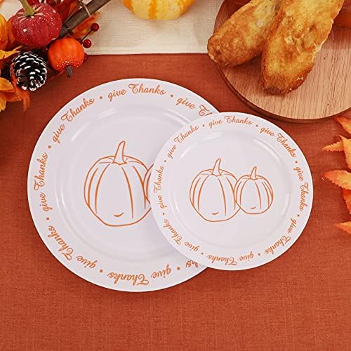 Rubtlamp 60Pcs Thanksgiving Plastic Plates, White Plastic Plates With Orange Pumpkin and Alphabet, Premium Heavy Orange plates Include 30 Dinner Platos 10.25", 30 Dessert Platos 7.5" For Party