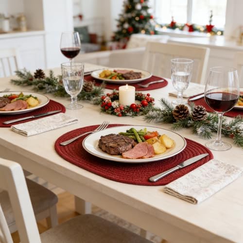 Oval Woven Placemats Set of 8 Heat Resistant Placemats 17 x 12 Inches Farmhouse Cotton Rope Place Mats for Dining Tables Trivets for Hot Dishes, Burgundy