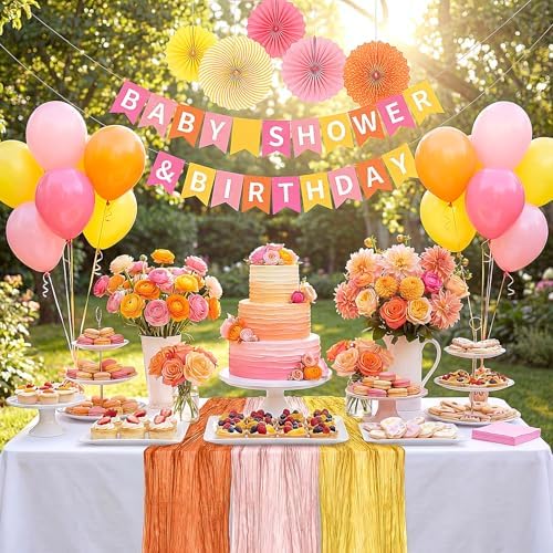 6 Pcs Fall Orange Yellow Pink Cheesecloth Table Runner 118" Gauze