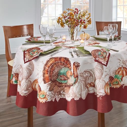 Holiday Turkey Bordered Fall Tablecloth, Multicolor - 70" W x 70" L Round