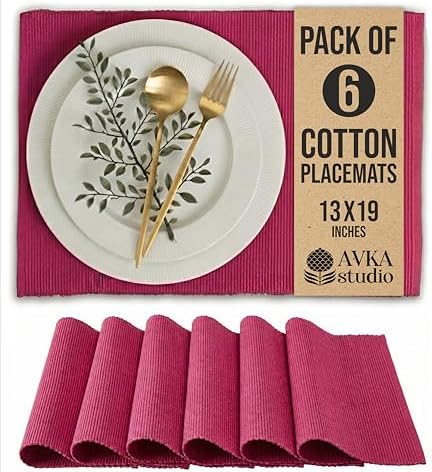 100% Cotton Ribbed Placemats - Set of 6-13 x 19 Inches - Fuchsia/Bright Pink - Everyday Basic Fabric Table Mats - Thick Construction, Washable Cloth Place Mats - by AVKA Studio