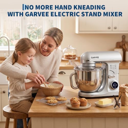 Garvee 5.3 QT Tilt-Head Stand Mixer, 500W Motor, 8-Speed Electric Kitchen Mixer with Stainless Steel Bowl, Dough Hook, Flat Beater & Wire Whisk for Bread Dough, Cake, Cookies & Pizza, Silver