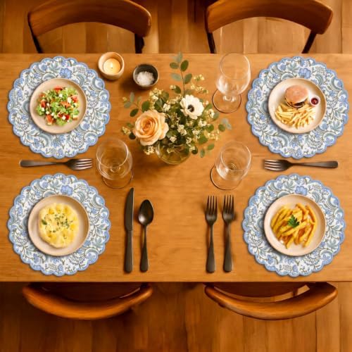 Ridhi Floral Block Print Round Placemats 15 Inch, Set of 4, Columbia Blue