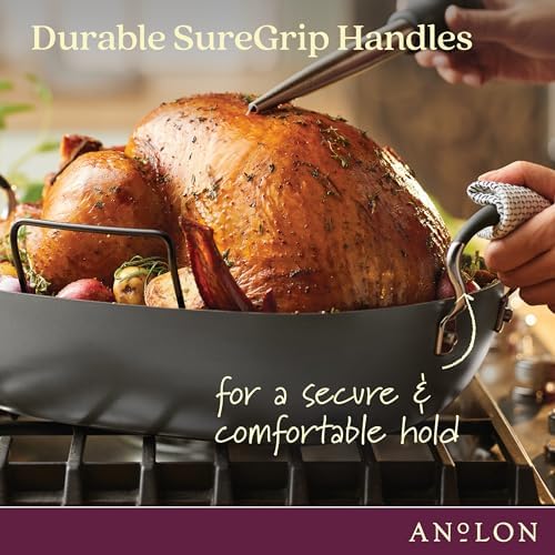 Anolon Advanced Hard Anodized Nonstick 2 Piece Roaster/Roasting Pan with Wire Rack, Oval, 16 Inch x 13 Inch, Dark Gray