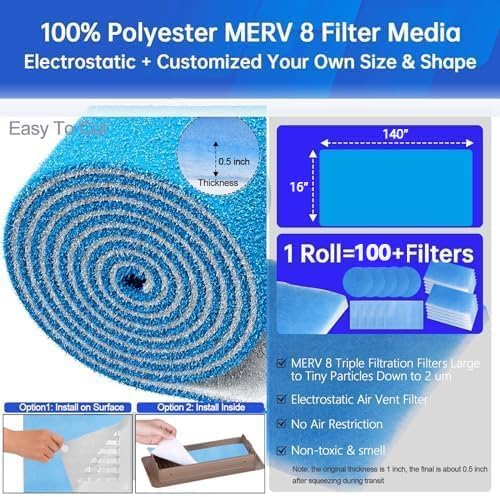 Air Vent Filters,16"x140"Cut to Fit Air Filter Material (100+Filters),MERV 8 Electrostatic Air Vent Filter for Home Floor, Grilles, Ceiling, HVAC Furnace Vents, With 48PCs Adhesive Hook Tape