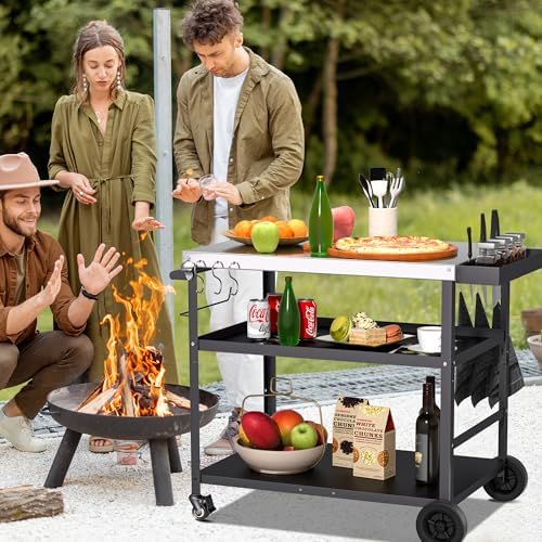 Spurgehom Outdoor Grill Cart, Pizza Oven Stand Table with Wheels