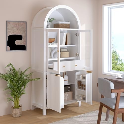KEIKI 71" Tall Arched Kitchen Pantry Cabinet with Glass Door,Hidden Drawer,Farmhouse Storage with Adjustable Shelves Design for Kitchen,Living & Dining Room