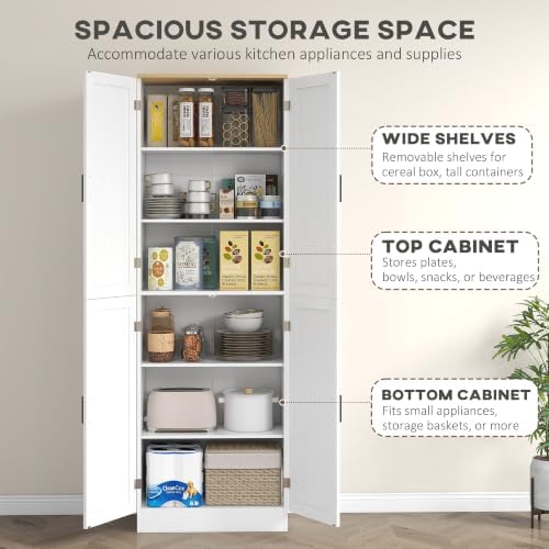 HOMCOM 67" Freestanding Kitchen Pantry 4-Door Cabinet Distressed White