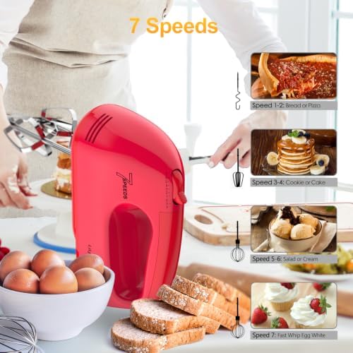 LILPARTNER Hand Mixer Electric, Ultra Power Kitchen Hand Mixer With 7-Speed & 5 Stainless Steel Accessories for Whipping Dough, Cream, Cake, Dishwasher Safe, Light Red