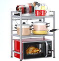PUSDON Microwave Oven Rack, Adjustable Shelf Organizer 3-Tiers with 3 Hooks, & 160lbs Capacity for Kitchen Counter, Silver Grey