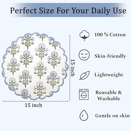 Ridhi Floral Block Print Round Placemats 15 in, Set of 4, Mughal Buta Blue