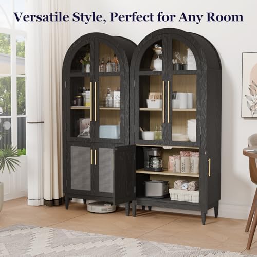 71" Tall Arched Cabinet with Glass Doors, Kitchen Pantry Storage Cabinet with Dust-Proof Rattan, 5-Tier Curio China Cabinet with Adjustable Shelves for Living Room Dining Room, Black