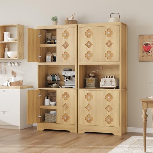 GarveeHome 72" Tall Pantry Cabinet with Carved Door, Kitchen Storage Cabinet with Shelf for Microwave, Freestanding Wooden Cupboard with Crystal Handle, for Dining Living Room, Light Oak