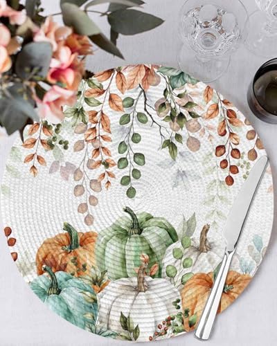Fall Round Placemats Set of 6 Thanksgiving Autumn Eucalyptus Leaf Place Mats Woven Placemat Sage Green Maple Leaves Pumpkin Circle Braided Table Mat for Kitchen Holiday Party Fall Decor 15 Inch