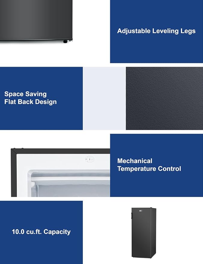 BLACK+DECKER 10 Cu. Ft. Upright Freezer, Stand Up Freezer with Mechanical Temperature Control, Freezer Upright with 3 Shelves and 4 Door Bins, Manual Defrost, R600a Refrigerant, BUF1000LB, Black