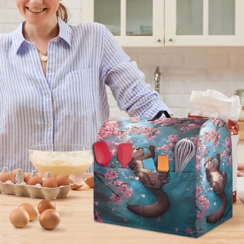 Funny Cartoon Otter Stand Mixer Cover Kitchen Dust Cover for 4.5-5 Quart Stand Mixer Lightweight Mixer Cover with Top Handle and Pockets for Extra Accessories