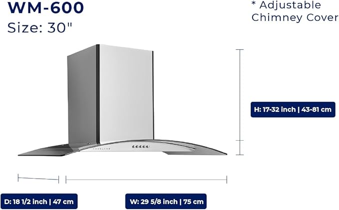 Hauslane Wall Mount Range Hood 30 Inch | European Canopy Design with Tempered Glass & Stainless Steel | 3-Speed, Dishwasher-Safe Filters | Ducted or Ductless with Charcoal Filters,WM-600