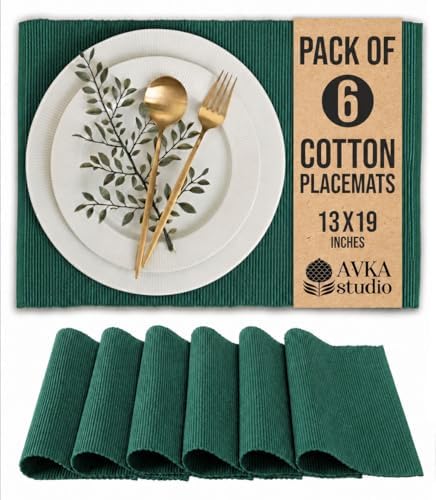 100% Cotton Ribbed Placemats - Set of 6-13 x 19 Inches - Peacock Green - Everyday Cloth Table Mats - Thick Construction, Washable & Reusable Cloth Place Mats - by AVKA Studio