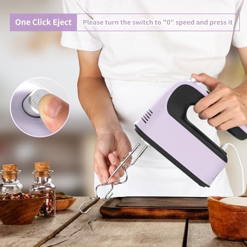 Yomelo 9-Speed Digital Hand Mixer Electric, 400W Powerful DC Motor, Hand Mixer Electric Handheld with Snap-On Storage Case, 5 Stainless Steel Accessories, Beaters, Dough Hooks, Whisk(Purple/Black)