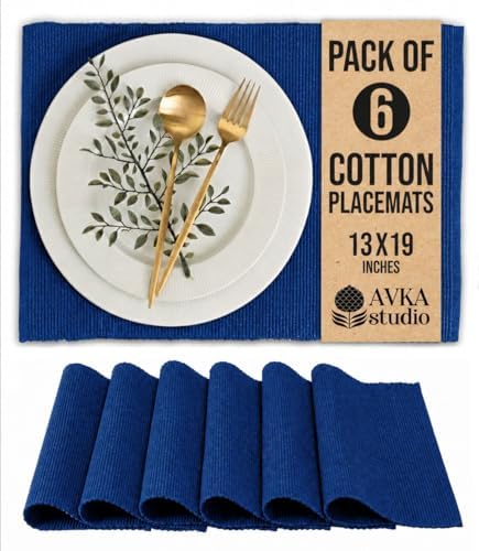 100% Cotton Ribbed Placemats - Set of 6-13 x 19 Inches - Royal Blue - Everyday Cloth Table Mats - Thick Construction, Washable & Reusable Cloth Place Mats - by AVKA Studio