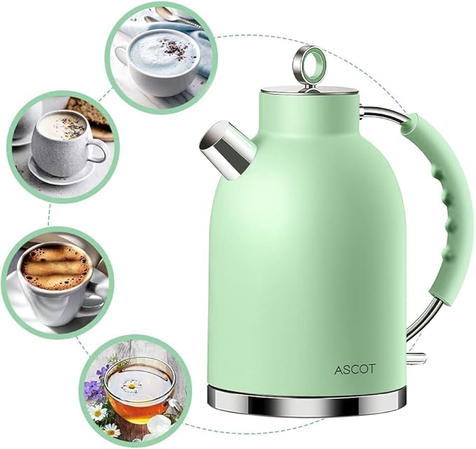 ASCOT Electric Kettle, Stainless Steel Tea Boiler 1.6qt 1500W Retro Tea Heater & Boiling Kettle, Auto Shut-Off and Boil-Dry Protection(Matte Green)