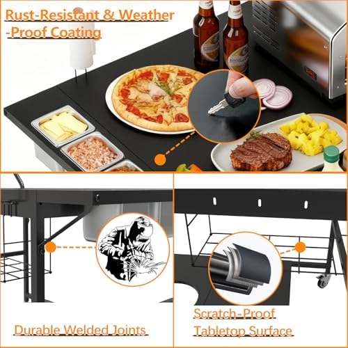 Pizza Oven Table with Topping Station, Outdoor Pizza Oven Cart, Grill Cart Table for Blackstone Griddle, Pizza Prep Station with Storage & Seasoning Tray, for Ninja, Cuisinart, Gozney