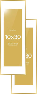 Homeforia 10x30 Picture Frame Gold, High End Metal 10x30 Poster Frames with Mat 8x24 inch Photo, 10 x 30 Gold Frames Matted to 8 by 24 Print, 30x10 Panoramic Frames, Tempered Glass, Wall Kit, Set of 2