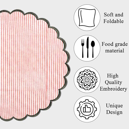Ridhi Hand Block Print Round Placemats 15 Inch, Set of 4,Heart Pink Stripe