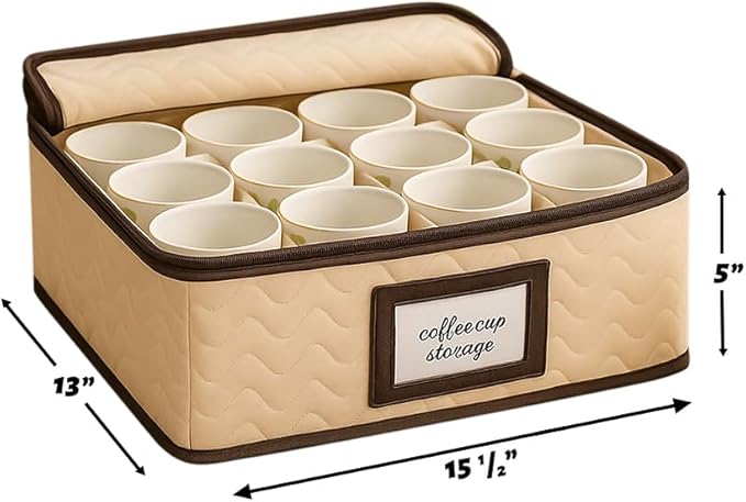 Mugs Storage Container - Quilted Microfiber China Organizer Box with Dividers , Protects & Organizes Up to 12 Mugs - Ideal for Seasonal Dishware Protection
