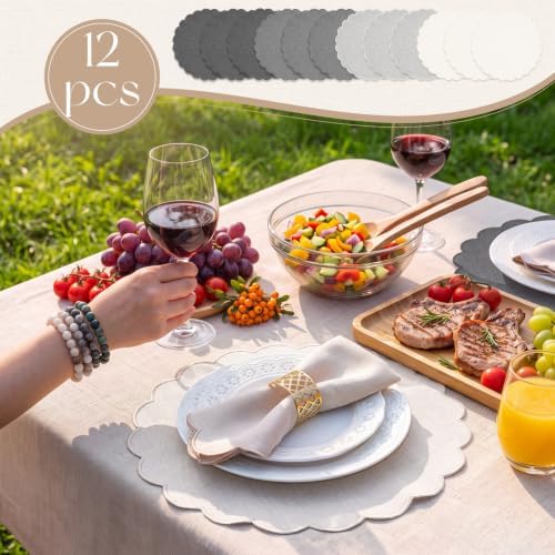 Set of 12 Gray Cotton Placemats 15" Round Scalloped