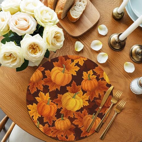 Fall Round Placemats Set of 8 Thanksgiving Orange Harvest Pumpkin Place Mats Washable Woven Placemat Autumn Maple Leaf Circle Braided Table Mat for Kitchen Dining Holiday Party Fall Decor 15 Inch
