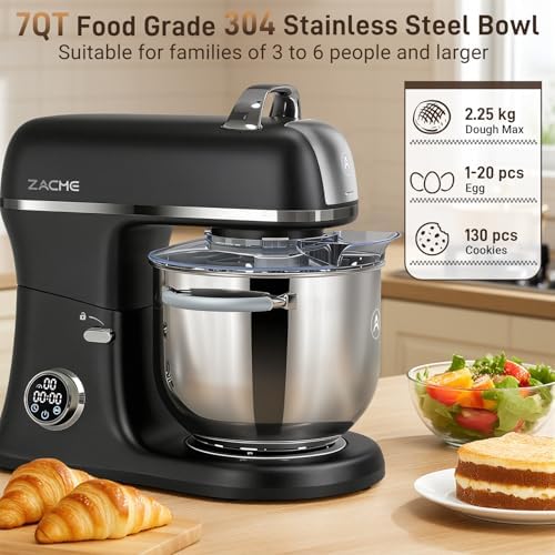 ZACME 7 Quart Stand Mixer Aluminum Die Casting, 650W 12 Speed Tilt-Head Kitchen Electric Stand Mixer, Household Food Mixer with Stainless Steel Bowl, Dough Hook, Whisk and Beater-Black