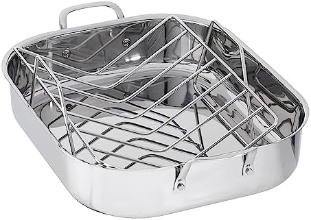 Amazon Basics Stainless Steel Rectangular Roasting Pan with Rack, Turkey Roaster, Dishwasher Safe, Easy to Clean, Oven Safe, 16 in