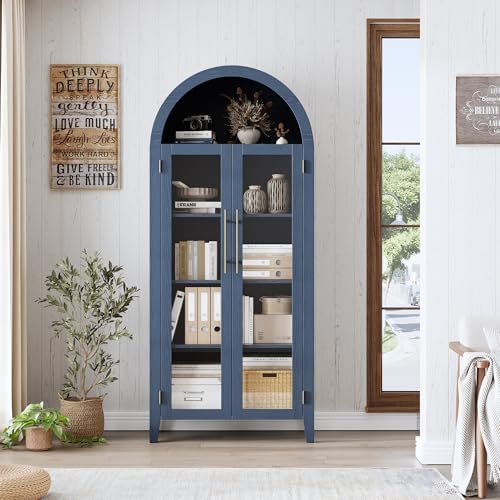 GarveeHome Arched Kitchen Pantry Cabinet - Farmhouse 5 Tier Display Shelf with Adjustable Shelf and 2 Large Glass Doors, Versatile Storage Cupboard for Kitchen, Dining Room, Living Room, Night Blue