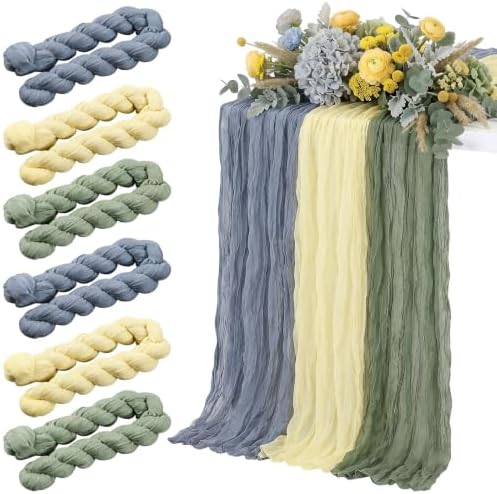 6 Pcs Dusty Blue Green Yellow Cheesecloth Table Runner