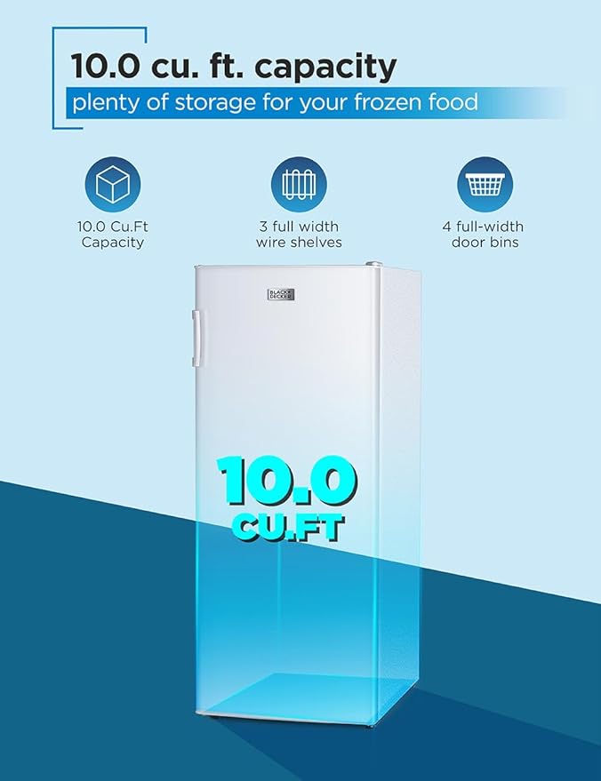 BLACK+DECKER 10 Cu. Ft. Upright Freezer, Stand Up Freezer with Mechanical Temperature Control, Freezer Upright with 3 Shelves and 4 Door Bins, Manual Defrost, R600a Refrigerant, BUF1000LW, White