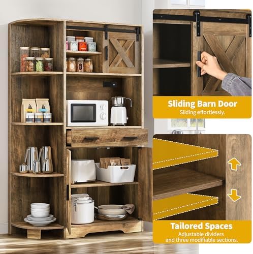 DWVO 67.3" Farmhouse Pantry with Power Outlet & Barn Door, Rustic Brown