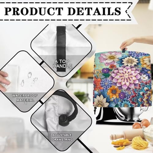 Boho Flower Stand Mixer Covers Compatible with 4.5-5 Quarts Kitchen Aid Stand Mixer Dust Protector Cover Organizers with Handle Pocket Kitchen Decoration