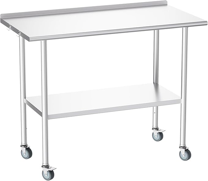 All-Stainless Steel Prep Table, 24 X 48 Inches, with Rounded-Corner Backsplash, Wheels and Adjustable Undershelf, Heavy-Duty for BBQ,Restaurants,Hotels,Workshops,Kitchens