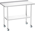All-Stainless Steel Prep Table, 24 X 48 Inches, with Rounded-Corner Backsplash, Wheels and Adjustable Undershelf, Heavy-Duty for BBQ,Restaurants,Hotels,Workshops,Kitchens