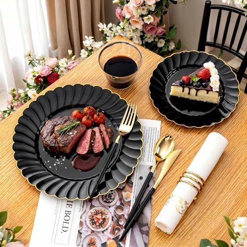 Ciaell 175 Piece Black and Gold Plastic Plates for Weddings Parties