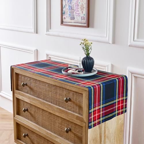 Solino Home 100% Pure Linen Table Runner Black, Stewart Plaid 14 x 36 in