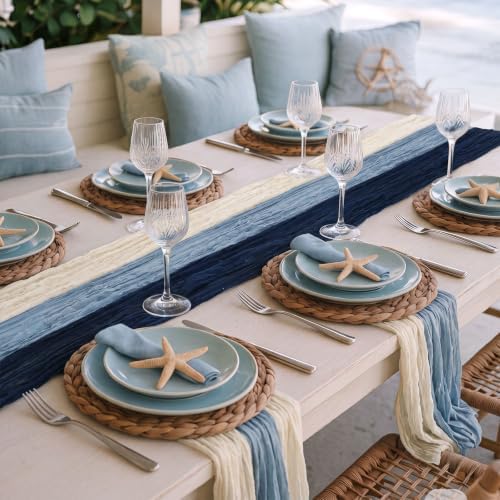 6 Pcs Navy and Dusty Blue Cheesecloth Table Runner 118" Coastal