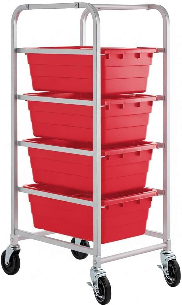 19"x26"x53" Mobile Aluminum Lug Rack with 4 Red Tote Boxes – NSF Heavy-Duty Commercial Storage Cart with 5" Swivel Casters, Portable Food Prep & Dishroom Utility Rack – Freezer Safe, 4 Lug Capacity
