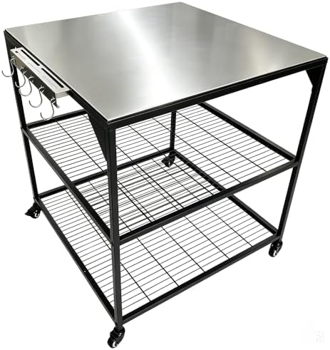 JIN BETTER GRILL PARTS Heavy-Duty Steel Frame Outdoor Kitchen Cart | Stainless Steel Tabletop & 4 Locking Wheels | 31.5" Versatile BBQ Workstation for Ninja, Blackstone, Pizza Ovens
