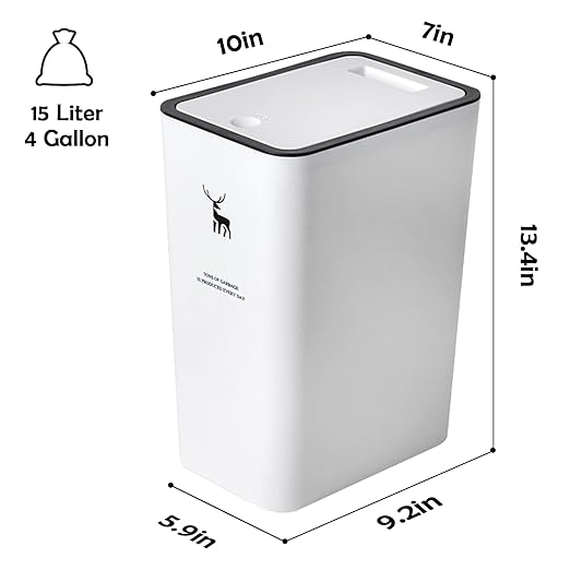 XPIY Trash Can with Lid, 2 Pack 4 Gallons/15 Liters Garbage Can with Press Top, Small Trash Can Dog Proof, Plastic Trash Bin, Waste Basket for Bathroom|Kitchen|Bedroom|Office (1, WhiteWhiteWhite)