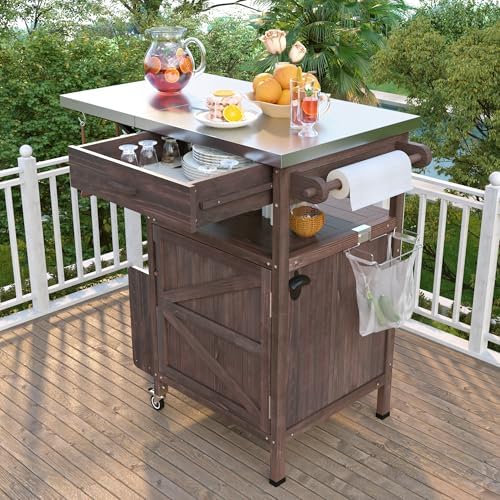 Outdoor Grill Cart with Stainless Steel Top, Solid Wood Prep Table