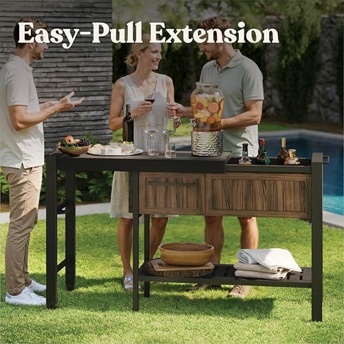 Extendable Outdoor Bar Cart with Hidden Cooler, Storage Drawers & Prep Surface – Mobile Patio Serving Station with Drainage Kit & Hidden Wheels for Backyard, Garden & Poolside Entertaining
