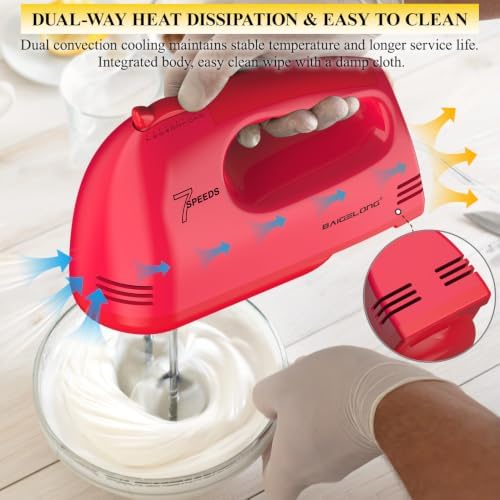 BAIGELONG Hand Mixer. 7-Speed Adjustable Kitchen Electric Mixer. With 5 Stainless Steel Attachments: 2 Hooks, 2 Beaters, 1 Whisk. Comes 1 Storage Box. Perfect for Bakers and New Starters, Red